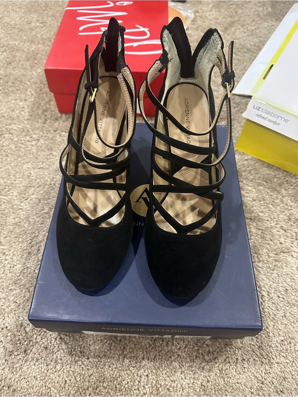 Adrienne Vittadini Black Strappy Suede Pump Heels